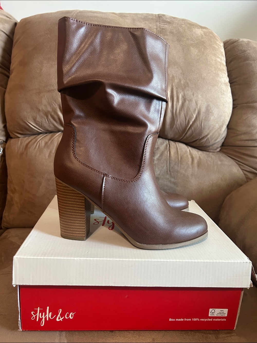 Style & Co. Brown Faux Leather Slouch Block Heel Mid-Calf Boots